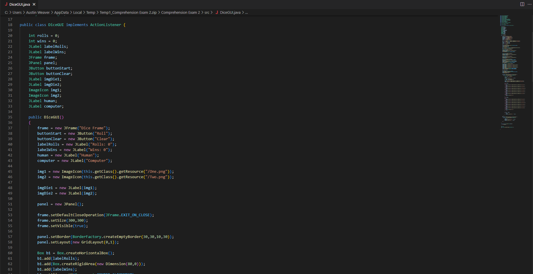 This is image of code for a project about rolling dice